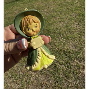 Vintage Christmas Ornament Little Girl Caroling Victorian Green Outfit 3”